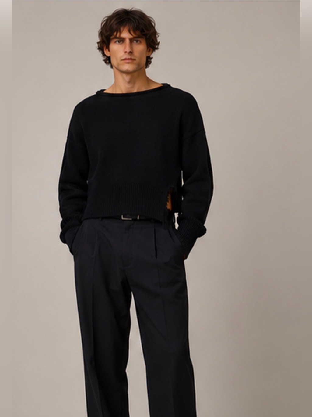 Helmut Lang Men’s Black Wool Cashmere Distressed Side Seam Sweater Size S